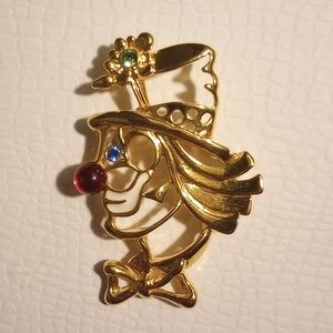 80's Danecraft Rhinestone Gold Clown Brooch Pin